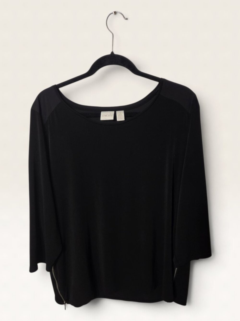 Chicos Black 3/4 Sleeve Top Womens 3 US 16 Dual Side Zip Hem Adjustable Tunic